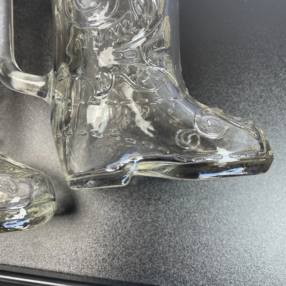 Vintage‎ lot of 2 Libbey Clear Glass Beer Mugs Cowboy Boots western bar ware